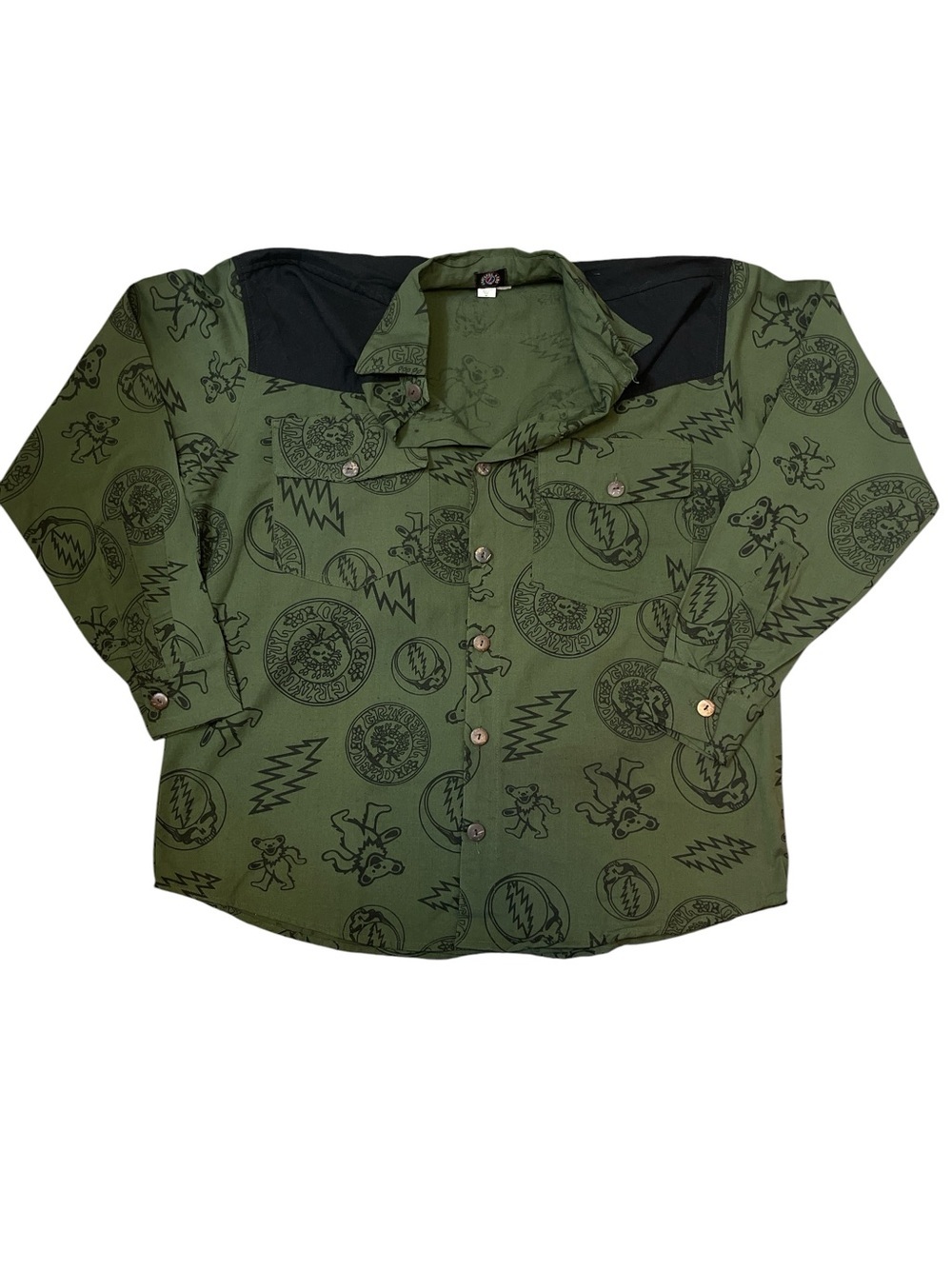 Jayli Grateful Dead Olive Shirt with Black Yoke and SYF, Bertha and Dancing Bear